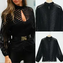 Women Girls Mesh Sheer Top Long Sleeve Transparent Blouse Tee Tops New contrast sheer mesh tee