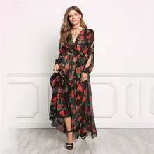 RUBU Summer Womens Long Maxi Dress New Arrival Ladies Boho V-neck Hollow Long Sleeve Split Rose Flowers Tropical Print Dresses
