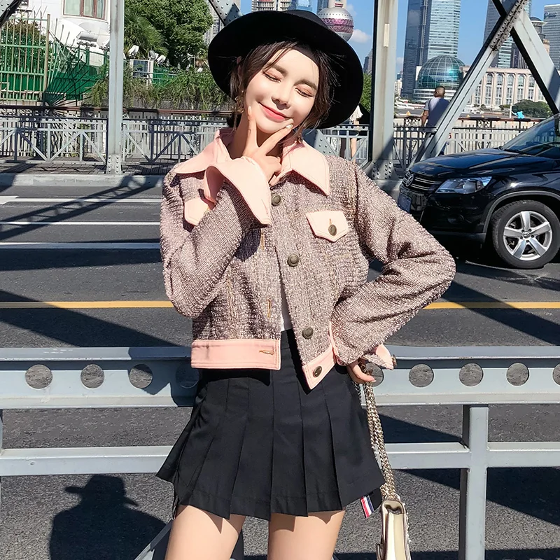 

autumn winter new Retro short Coat jacket women's pink cordillas Patchwork casual Outerwear Coats