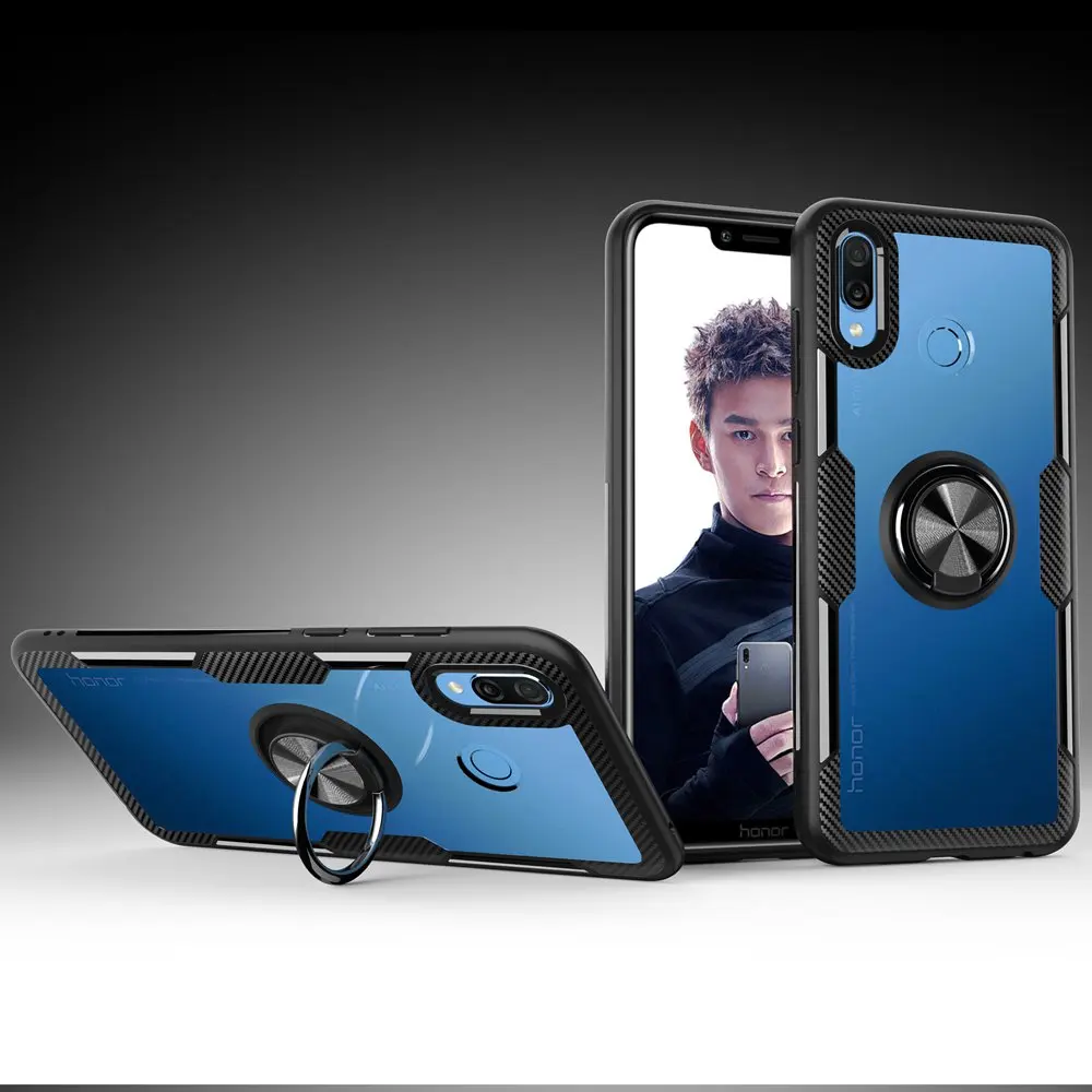 

Transparent Carbon fiber Non-slip 360 degrees metal Ring Stand Grip Shock Absorbing case for huawei honor Play