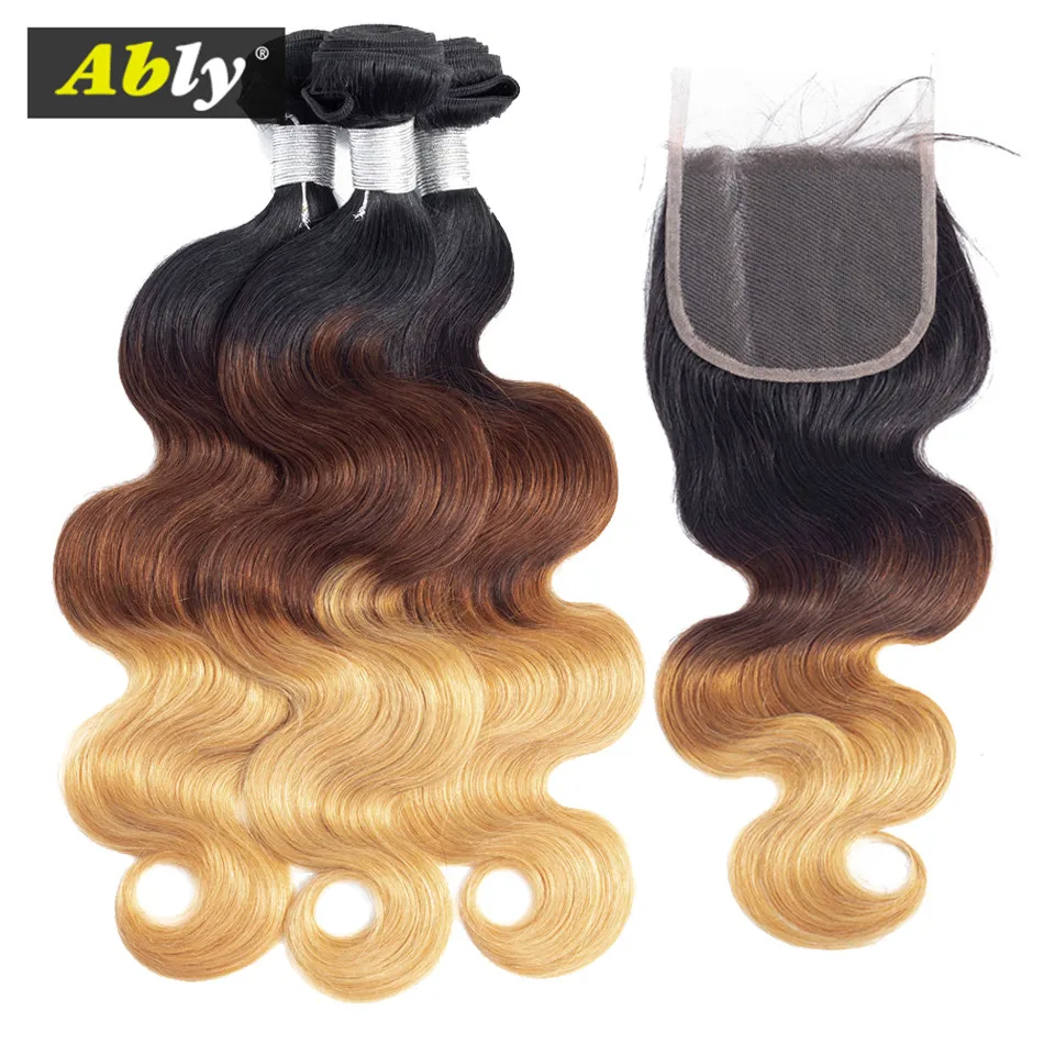 Ably Professional Colored Hair 1B/4/27# Three Tone Blonde Remy Human Hair Peruvian Body Wave Hair Ombre Bundles with Closure