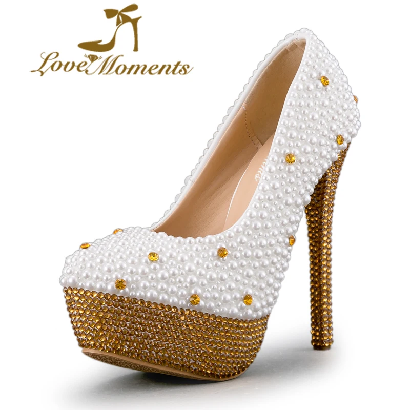 ФОТО Love Moments shoes woman wedding shoes Bride gold pumps platform high heels gold Crystal valentine party shoes for women