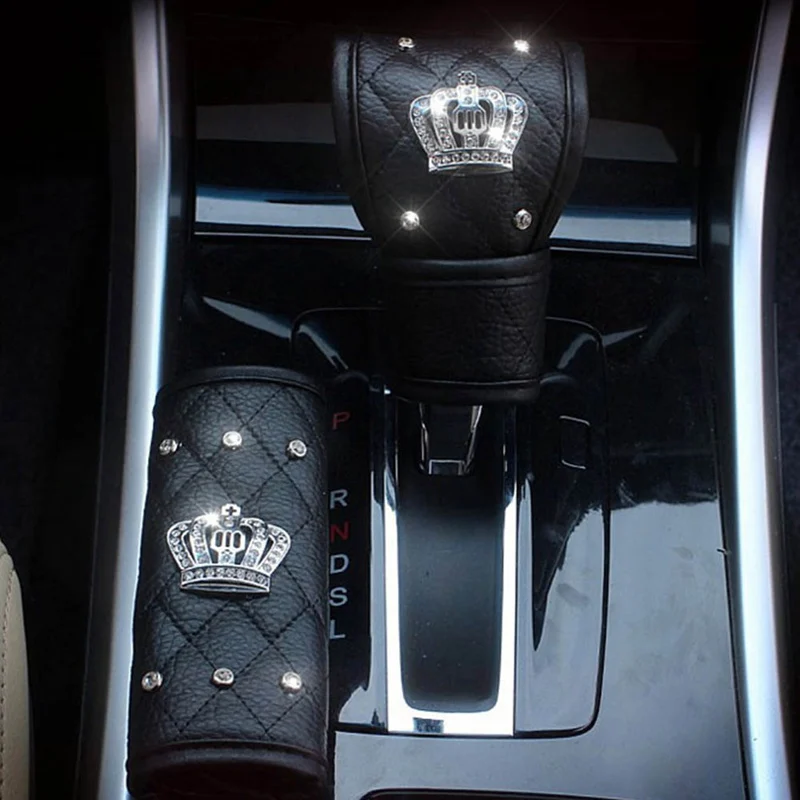 

1Pc Leather Seat Belt Shoulder Pad Cover Crown Crystal Shifter Gear Cover Hand Brake Covers 3 Sets