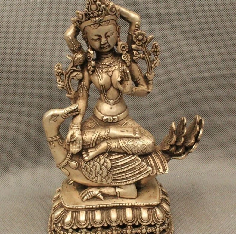 

9"China Tibet Buddhism Folk Silver Sit Swan Four Hands Kwan-Yin Buddha Statue