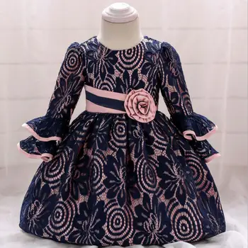 

1PC Noble Dark Blue Dress Baby Girl Princess Dress Infant Girl Birthday Party Outfit Infant Flower Girl Evening Suit