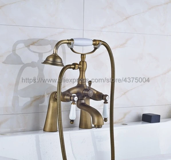 Antique Brass Bathroom Clawfoot Bath Tub Faucet Mixer Tap Ceramic Handle Hand Shower Head Nan008