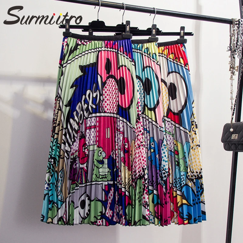 

Surmiitro Cartoon Print Pleated Midi Long Skirt Women 2019 Spring Summer Fashion High Waist A-line Sun School Skirt Female