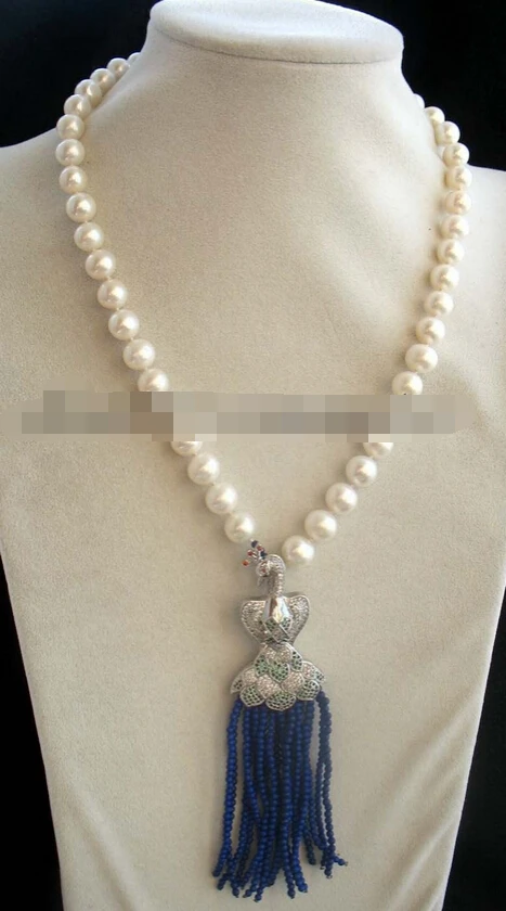 

Miss charm Jew1707 freshwater pearl white round & lapis lazuli peafowl clasp necklace 18