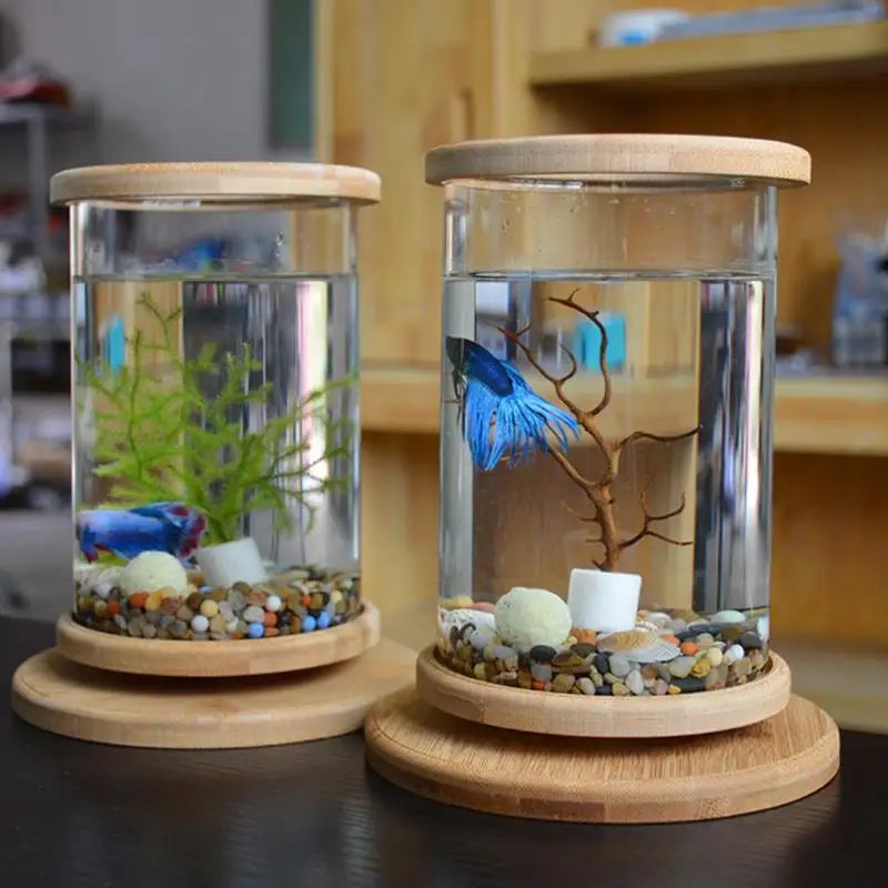 Barrel Betta Fish Tanks Mini Desktop Aquaponic Aquarium 360 Rotating