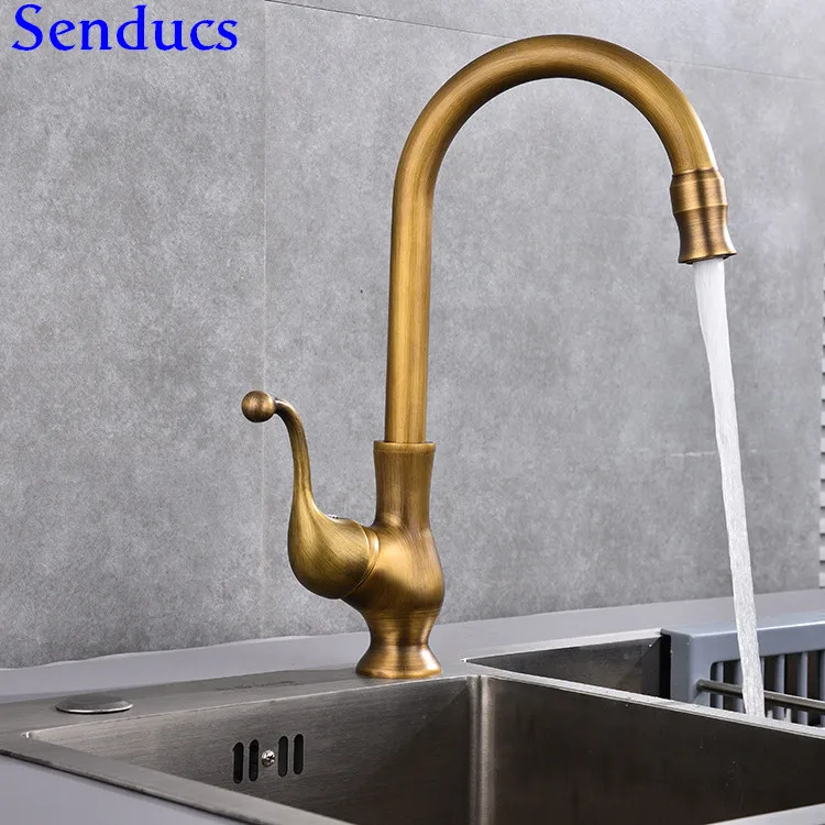 

Senducs Fashion Antique Kitchen Faucet Quality Brass Antique Bathroom Basin Mixer Tap Deck Mounted Chrome Kitchen Sink Faucet