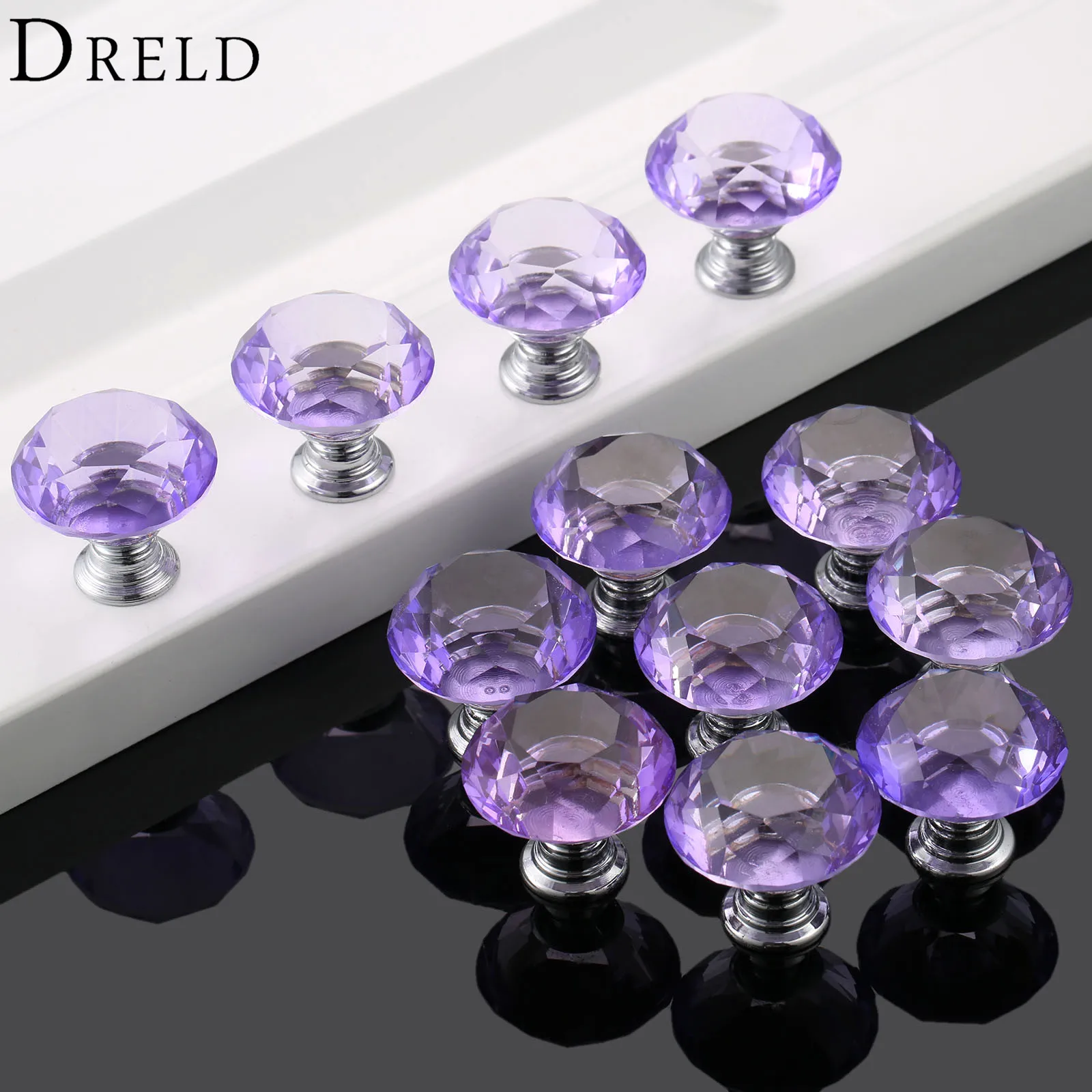 DRELD 12PCS 30mm Diamond Crystal Glass Purple Door Pull Handle Wardrobe