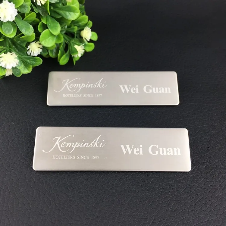 1pc custom name tag reusable badge staff laser logo metal pin badge gold with stainless steel plate 70X20mm (21)