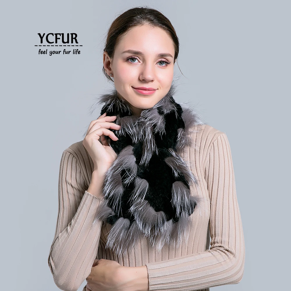 

YCFUR Women Scarves Shawls Winter Knit Rex Rabbit Fur Scarf Scarves With Silver Fox Fur Trims Winter Warm Fur Scarf Wrap Female