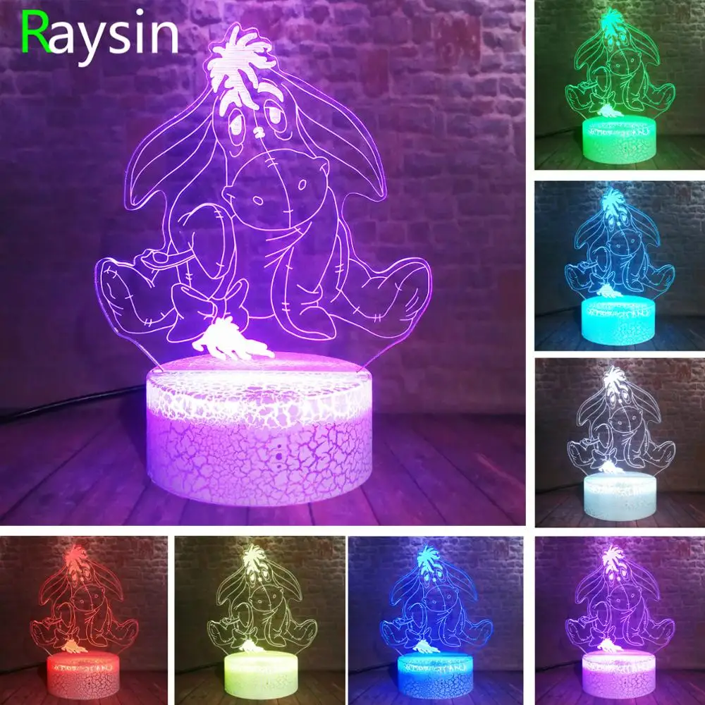 

New Cute Cartoon Eeyore Little Bear Friend 3D LED Night Light 7 Color Change Crack Table Lamp Home Decor Holiday Kids Xmas Gifts