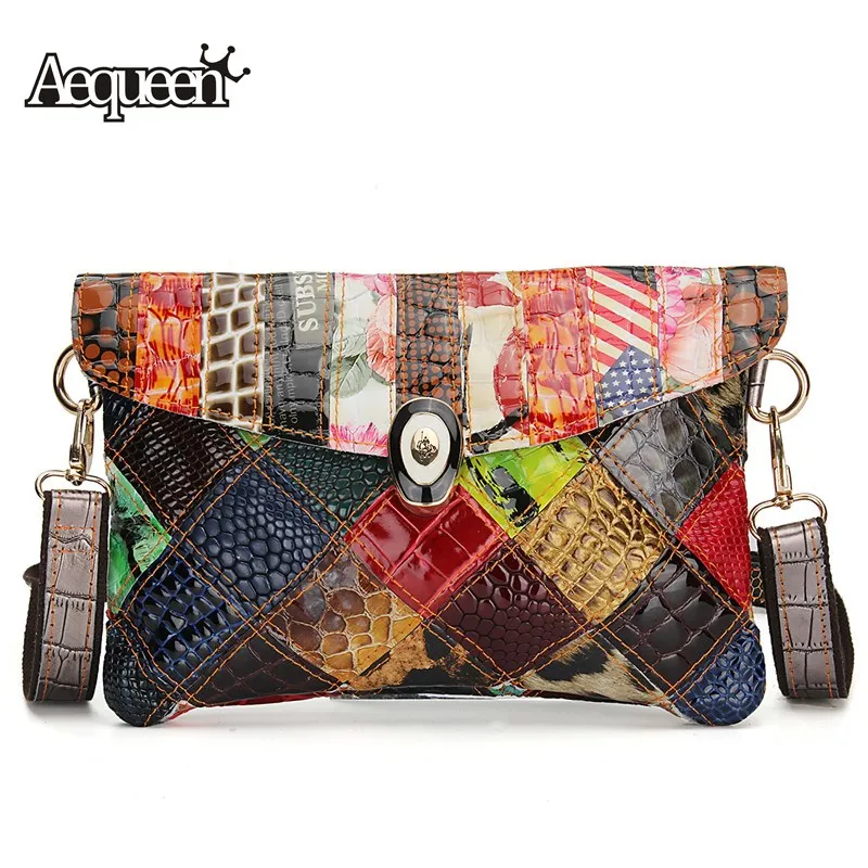 

AEQUEEN Women Genuine Leather Handbag Ladies Shoulder Messenger Bags Crossbody Vintage Lady Bag Patchwork Hasp Flap Bag Colorful