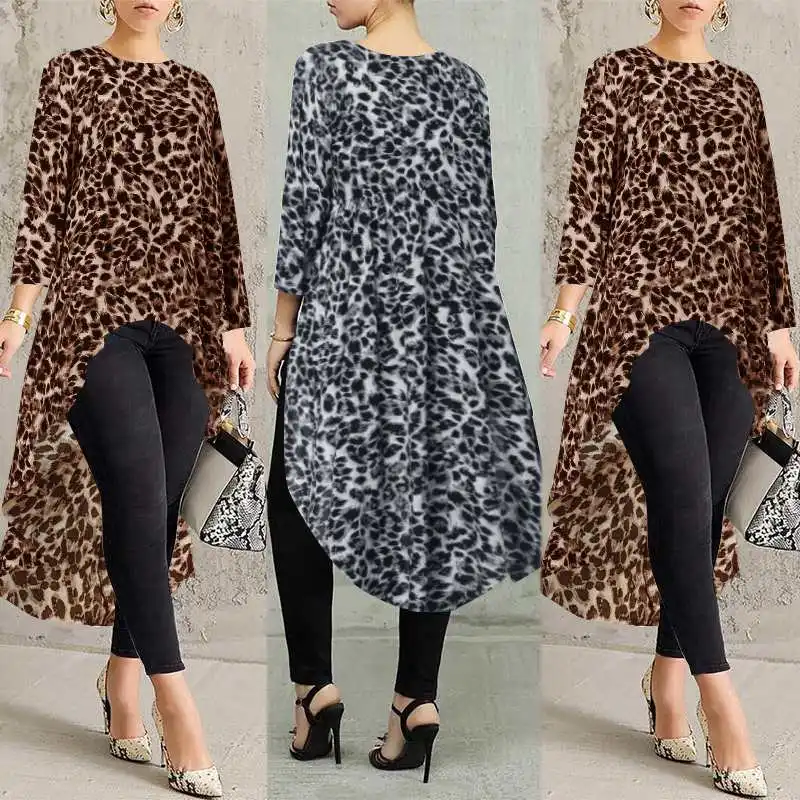 Plus Size ZANZEA Printed Tunic Tops Autumn Sexy Leopard Blouse Women Casual Long Sleeve Party Irregular Shirt Female Blusas