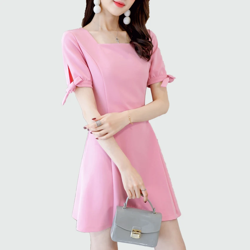 Comprar Verano mujeres cuello cuadrado manga corta Mini vestido 2018 Nuevo Negro Rosa Armygreen fiesta Casual elegante Oficina señora vestidos