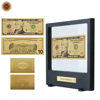 

WR 10 Dollar American Gold Banknote 10 Dollar 24k 999.9 Gold Foil World Paper Money Normal Bill Note with Black Showing Stand