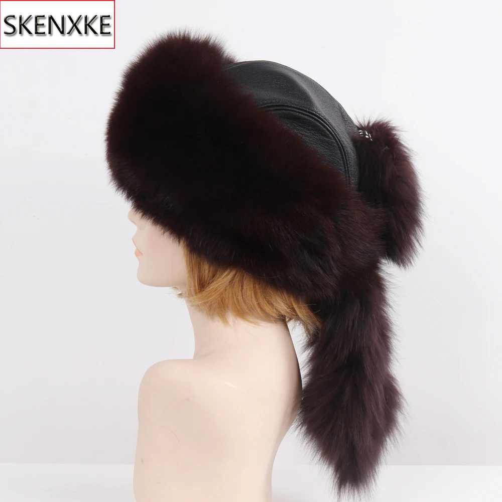 

2019 New Winter 100% Natural Real Fox Fur Bomber Hat Women Luxury Warm Fox Fur Hats Russian Lady Genuine Sheepskin Leather Caps