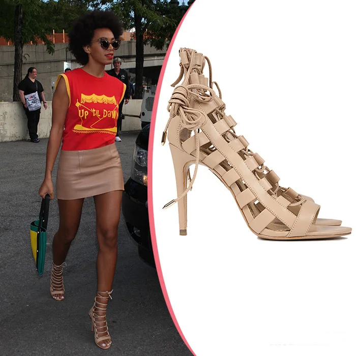 

Runway high quality leather caged style sandal sexy open toe lace-up gladiator sandal for woman summer cutouts thin heels sandal
