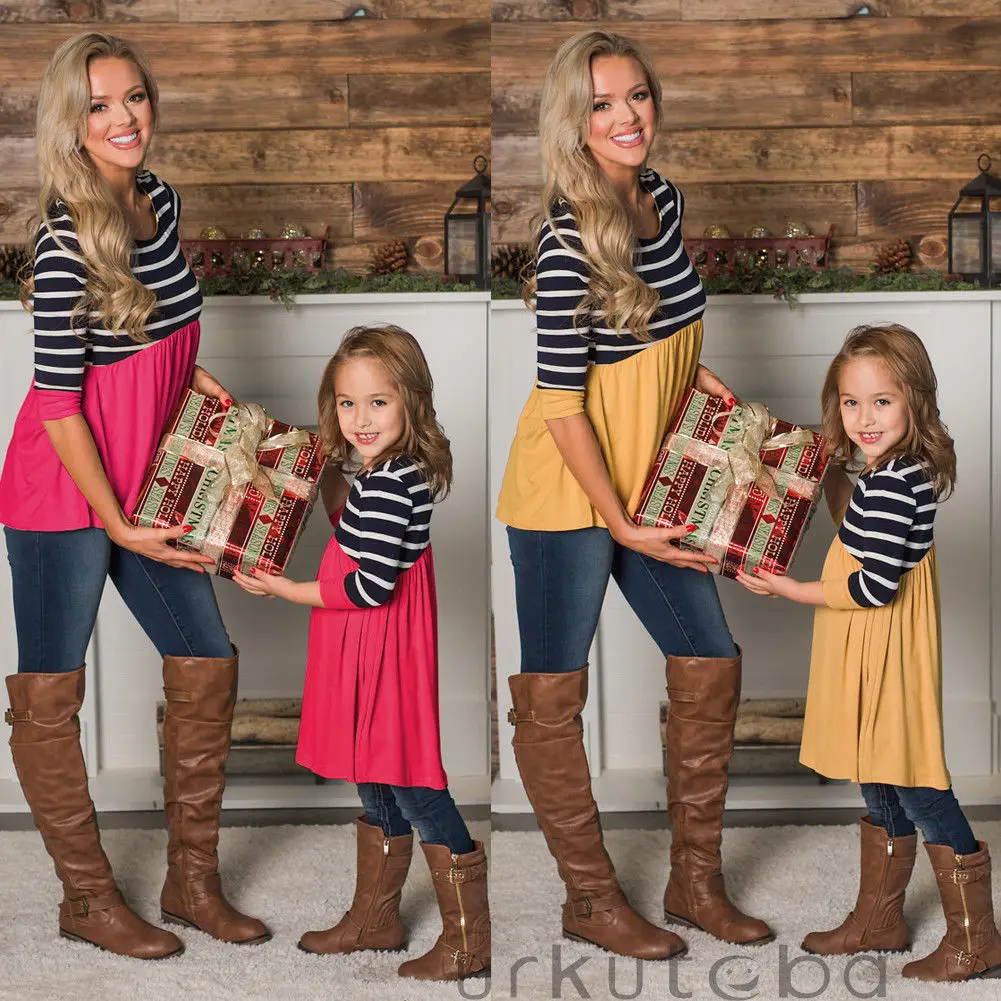 

Fashion Mother and Daughter Stripe Dress Matching Women Kid Girls Casual Family Clothes