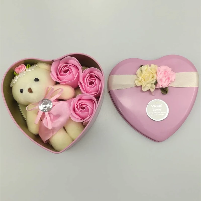 В форме сердца Роза мыло цветок с плюшевыми животными игрушки плюшевый медведь кукла Романтическая Свадебная вечеринка цветок лепестки Декор подарок на день Святого Валентина