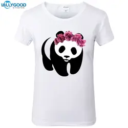 Летняя мода цветочный Корона Panda женская футболка cool печатных футболка Мягкий хлопок короткий рукав белый Для женщин Топы корректирующие