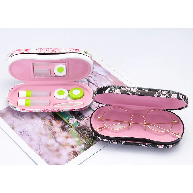 

Cute Bear Expression Double Interlayer with Mirror Metal Contact Lens Case Box Dual Purpose Leather Reading Glasses Case FML