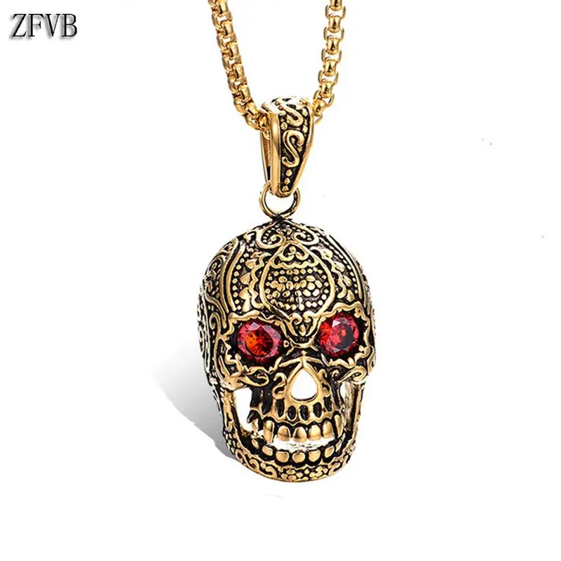 

ZFVB NEW Punk Skull Skeleton Necklaces Pendants Men Stainless Steel Gold Silver Color Skull Pendant Necklace CZ Zirconia Jewelry
