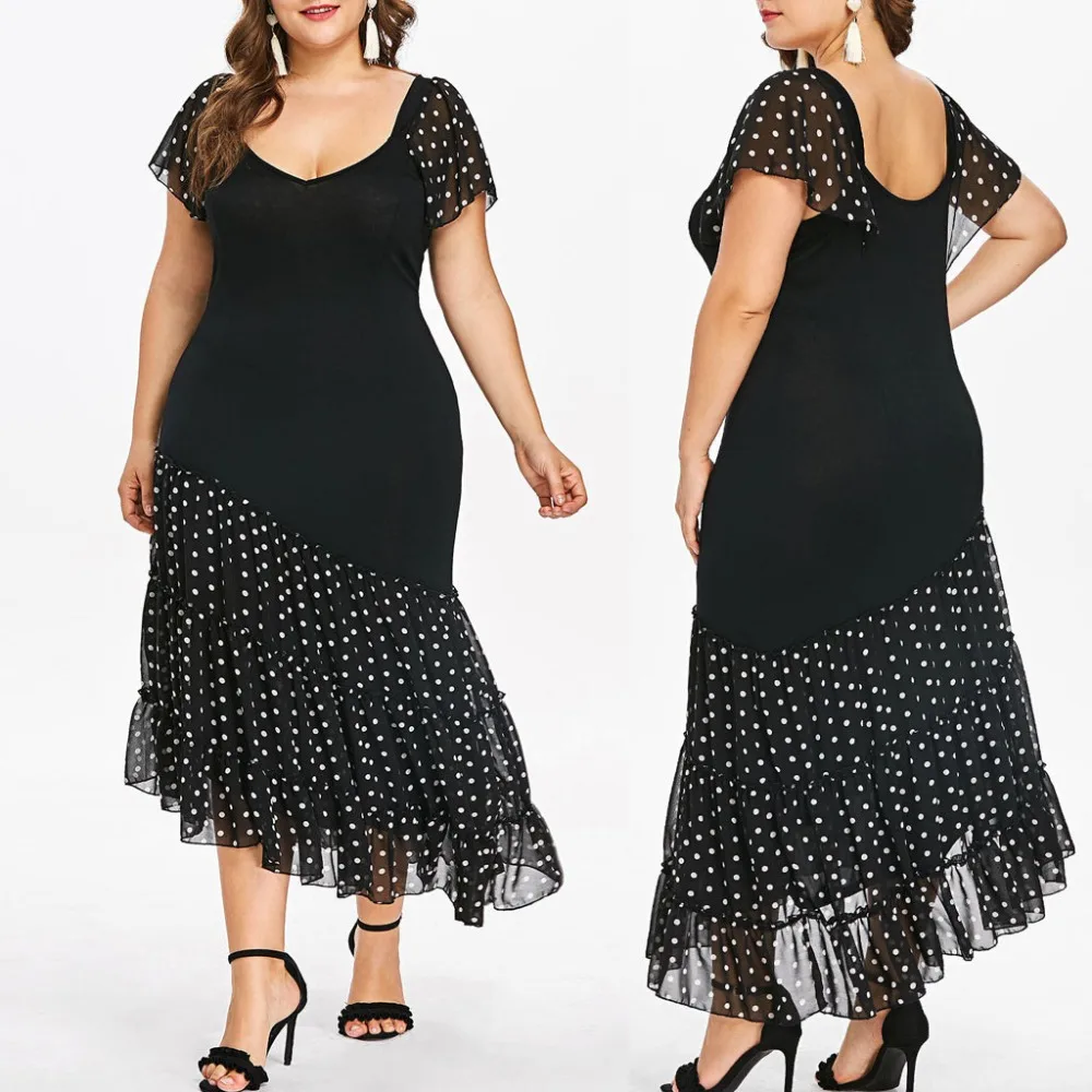 Женское платье размера плюс, модное женское летнее сексуальное повседневное элегантное асимметричное шифоновое платье в горошек с круглым вырезом и коротким рукавом, Vestidos BB4