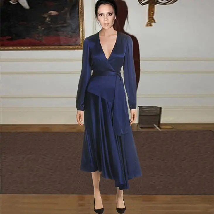 

2018 autumn winter women's Dresses New Arrival Victoria Beckham Solid Dress Fashion Deep V-Neck long Sleeve Asymmetrical Dress