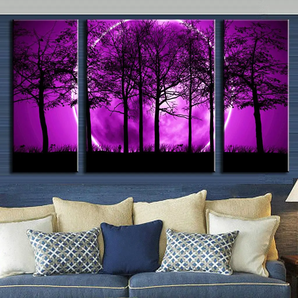 3 Pcs/Set Abstract Canvas Art Purple Land Black Trees Canvas Wall Picture Decoration Home Modern
