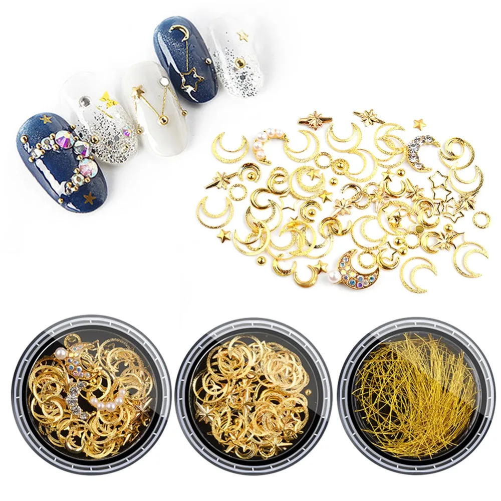 

ELECOOL 1pc Mixed Gold Copper Nail Rivet Star Moon Design Nail Jewelry 3D Golden Silvery Thread Nail Art Decoration Manicure