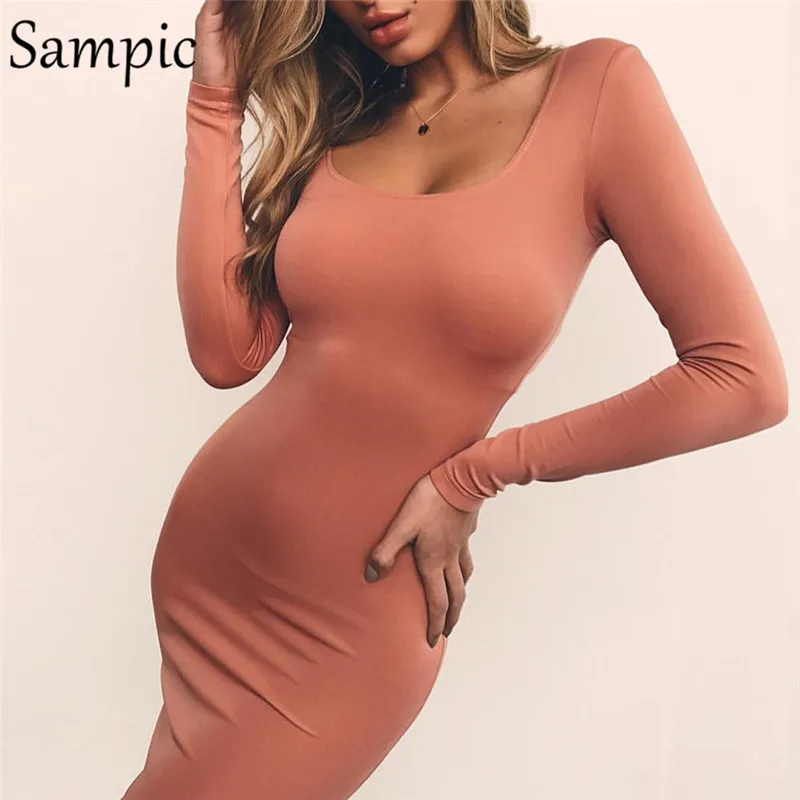 

Sampic Long Sleeve Bodycon Women Dress Sexy Party Club Mini Dresses Square Neck Black Autumn Summer Dress 2019 Vogue