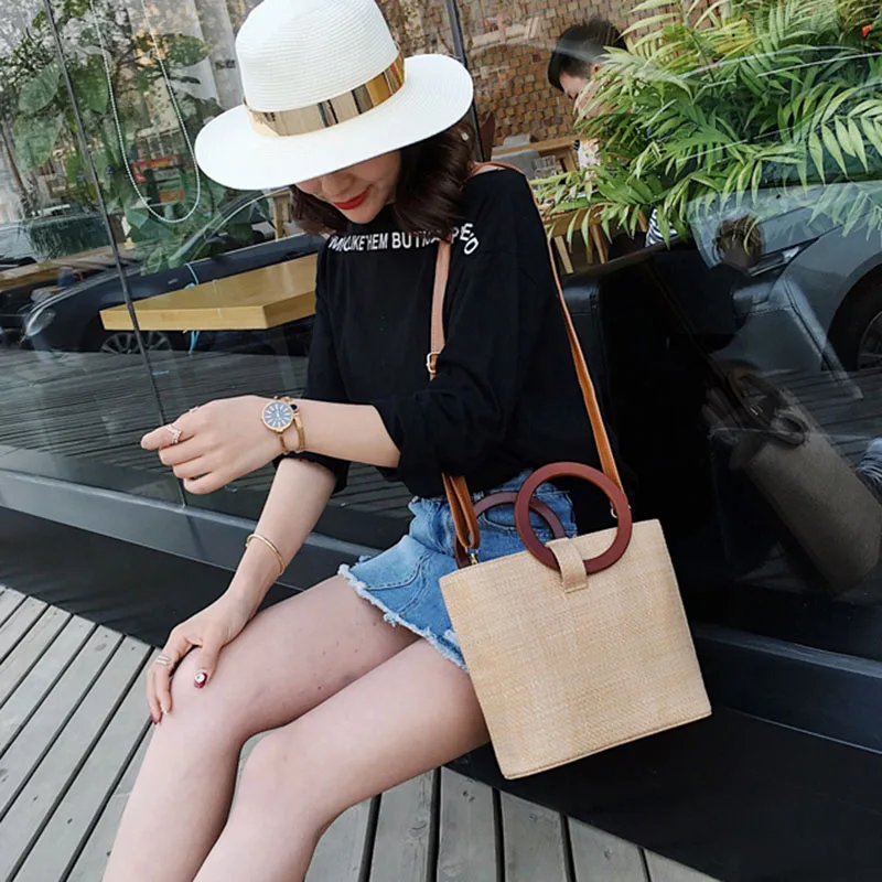Fashion Women Hot Beach Straw Bags INS Popular Autumn Female Wooden Ring Weave Handbag Casual Lady Knitted Shoulder Bag SS3423 (11)
