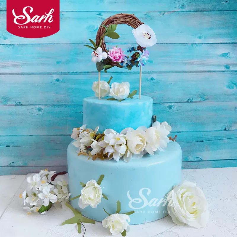 

1Pc White Pink Blue Flower Leaf Wreath Cake Topper Dessert Decoration for Birthday Party Lovely Gifts