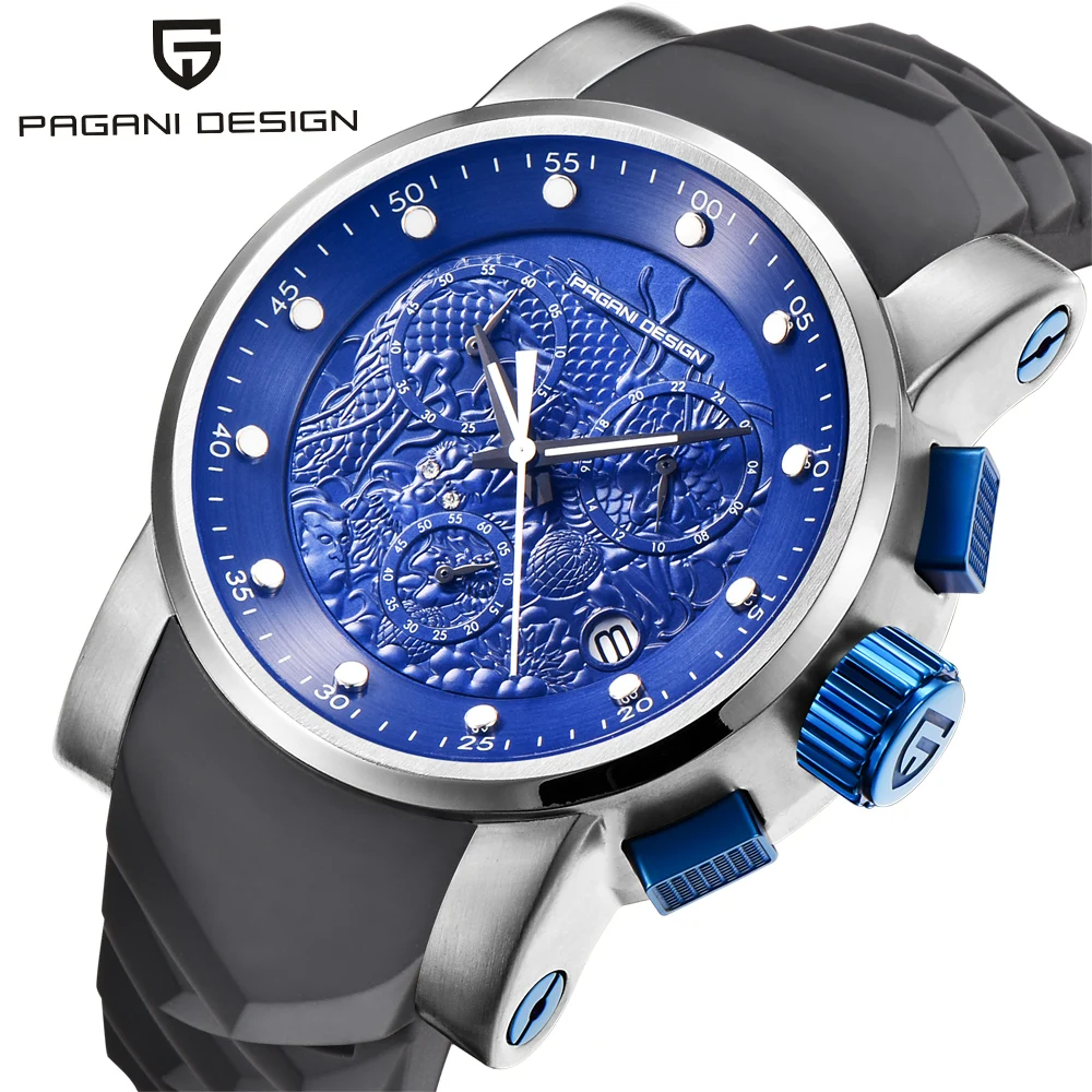 

PAGANI DESIGN Embossed Dragon Chronograph Sport Watches Men Luxury Brand Dive 30m Silicone strap Quartz Watch Relogio Masculino