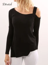 Diwish Summer T Shirt Women 2019 New Solid Black Cold Shoulder T-shirt Slit Asymmetric One Shoulder Top Long Sleeve Shirt Women