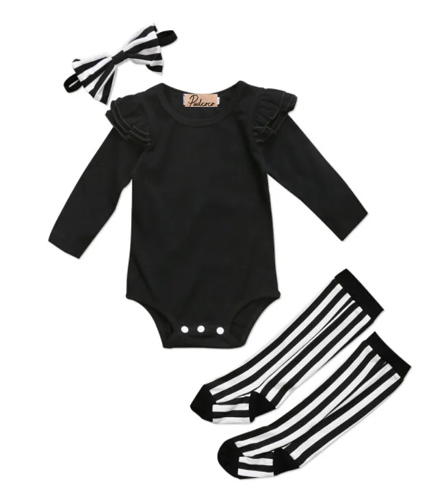 

cool Toddler infant Baby Girl Clothes long flying sleeve black Romper Striped Socks Headband 3pcs Outfits clothes Set for baby