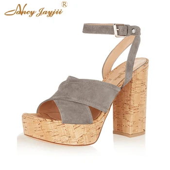 

Cork Purple Grey Platform Chunky Heels Sandals Summer 2019 Holidays Ankle Cross Strap Vamp Fashion Party Plus Size 12 14 15 Soft