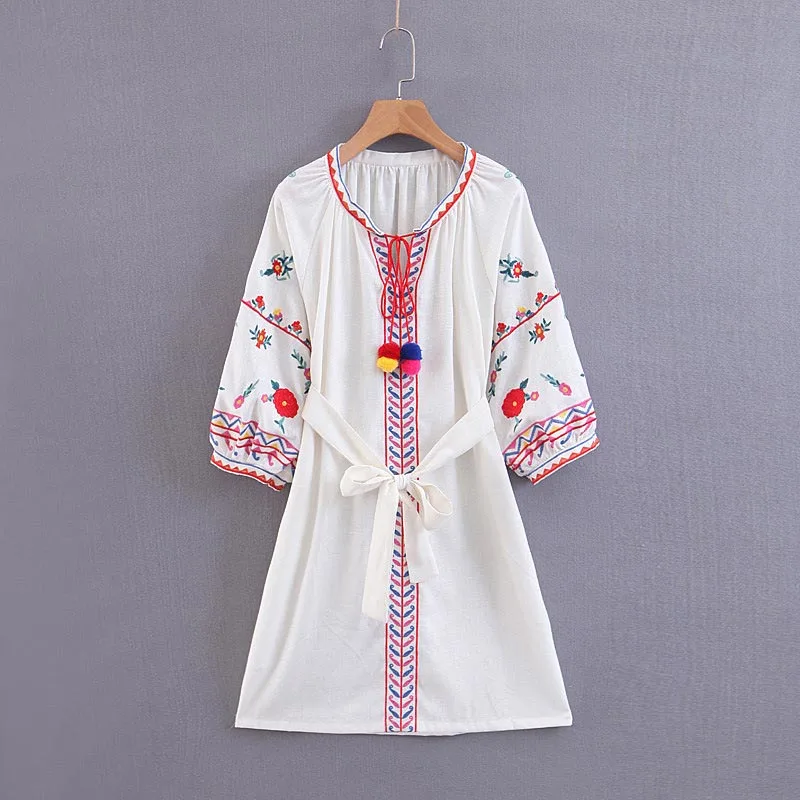 QZ612 женское элегантное платье с круглым вырезом и цветочной вышивкой с поясом, богемное хлопковое и льняное платье мини Ethinc Vestidos