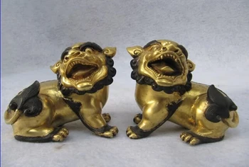 

USPS to USA S0327 Royal Palace 100% Pure Bronze 24K Gold Gild Evil Door Fu Foo Dog beast Lion Pair