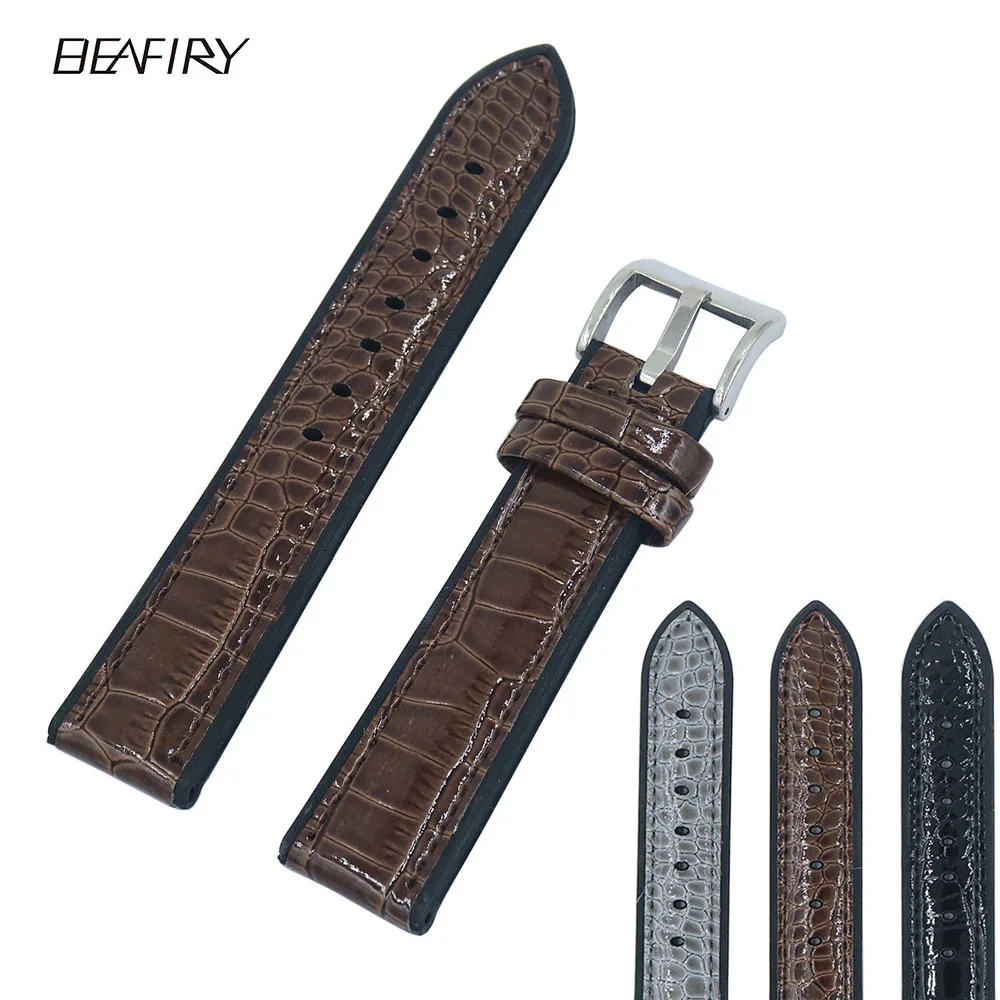 

BEAFIRY 20mm 22mm python pattern Leather+Silicone Rubber Watch Band Straps Grey Brown Black Sweatproof Waterproof Watchband Belt