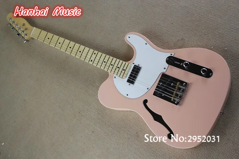 

Free Shipping-Electric Guitar with Pink Color Body,Semi-hollow Body,White Pickguard,Maple Fretboard and can be Customized