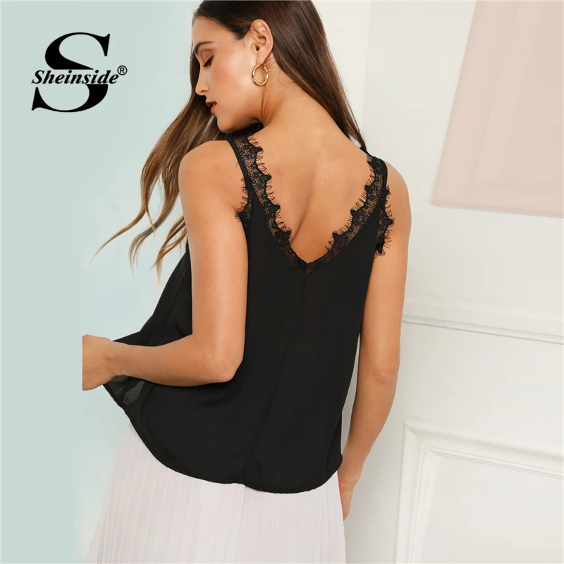 

Sheinside Double V Neck Lace Trim Black Top Women Camisole 2019 Summer Cami Top Female Casual Solid Vest Sleeveless Tops