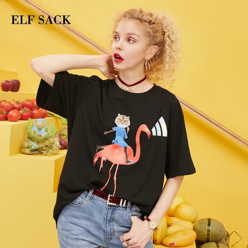 

ELF SACK 2019 Spring New Oversized Tshirts Woman Cotton Casual O-Neck Ladies T-shirt Loose Print Streetwear Femme Tees Tops