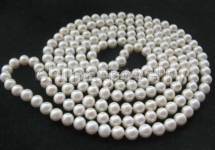 

YH@CS >Beautiful luster 80" 10mm white round freshwater pearl necklace