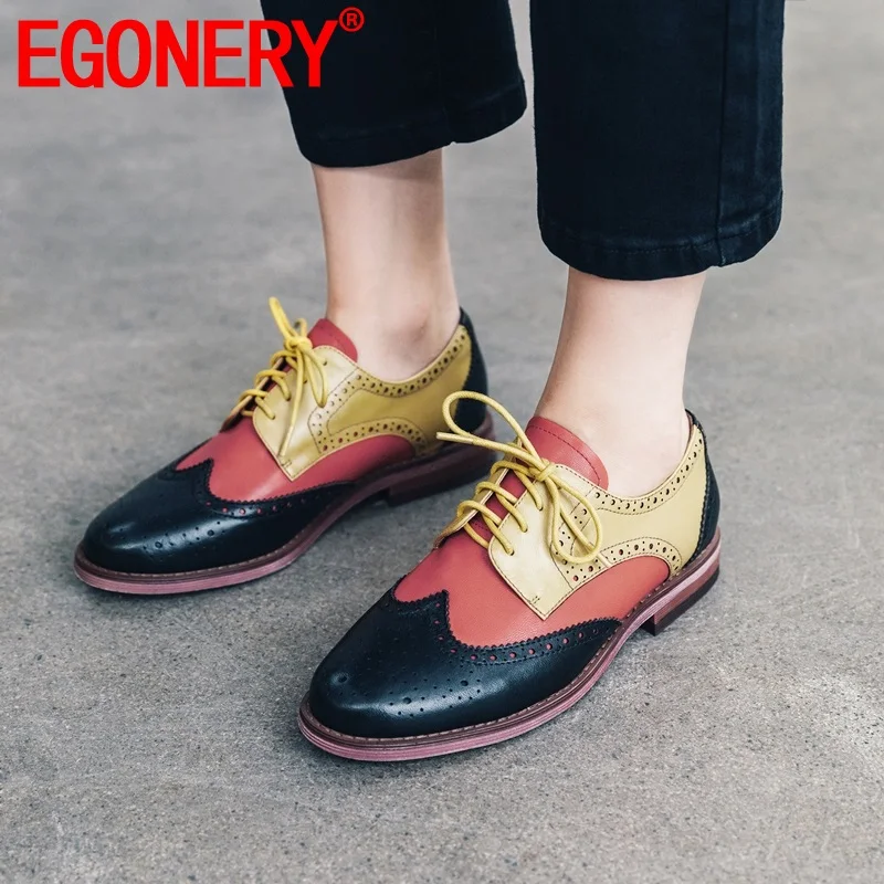 

EGONERYbrand lace up casual date flats multicolour genuine leather round toe block shoes 2019 new comfortable office flat shoes