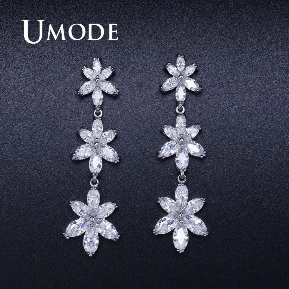 

UMODE Luxury Flower Crystal Long Drop Earrings for Women Female Bride CZ Jewelry Accessories oorbellen voor vrouwen UE0374