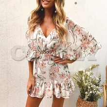 CUERLY Vintage bohemian floral print women dress Sexy hollow out ruffled v-neck summer dress A-line high waist short mini dress CUERLY Vintage bohemian floral print women dress Sexy hollow out ruffled v-neck summer dress A-line high waist short mini dress